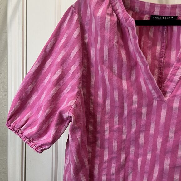 Lane Bryant Pink Striped Half Sleeve Elastic Cuff V Neck Popover Top Women Sz 20 - Picture 2 of 9